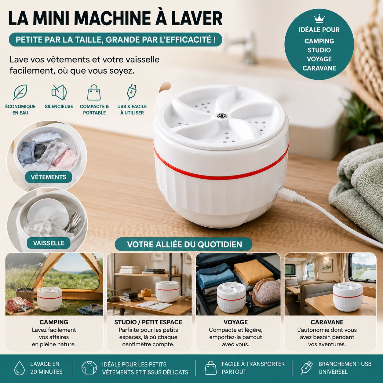 Mini machine à laver portable, lave partout & sans effort